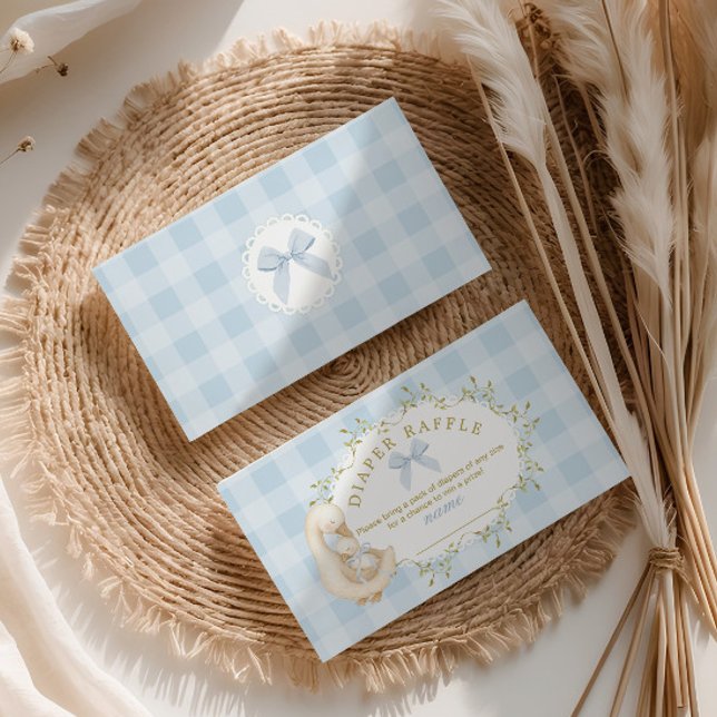 Silly Goose Blue Bow Gingham Diaper raffle ticket Begleitkarte (Von Creator hochgeladen)