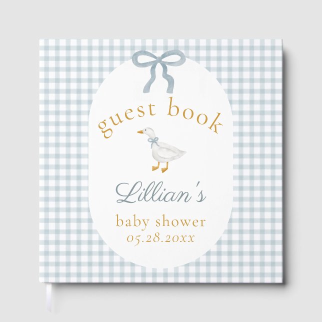 Silly Goose Blue Gingham Baby Shower Guest Book Gästebuch (Vorderseite)