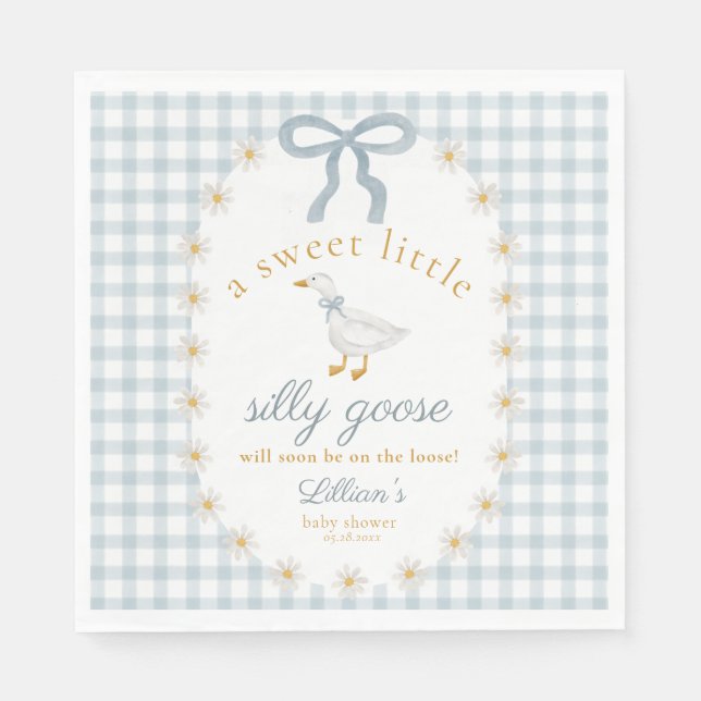 Silly Goose Daisy Blue Bow Gingham Baby Shower Serviette (Vorderseite)