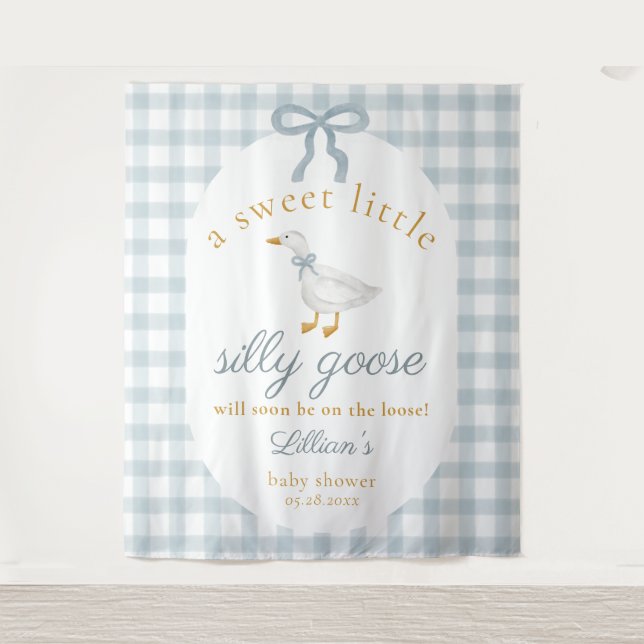 Silly Goose Duck Blue Gingham Baby Shower Backdrop Wandteppich (Vorderseite)
