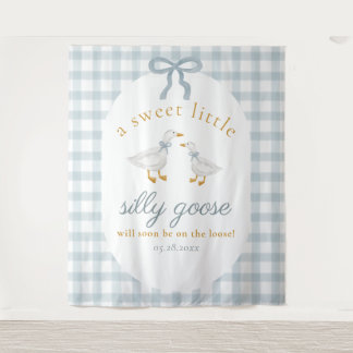 Silly Goose Duck Blue Gingham Baby Shower Backdrop Wandteppich