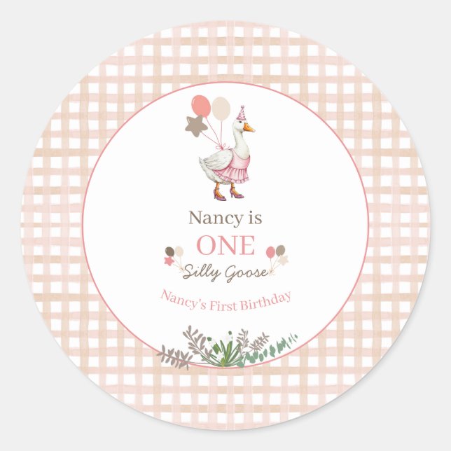 Silly Goose First Birthday Brown Runder Aufkleber (Vorderseite)