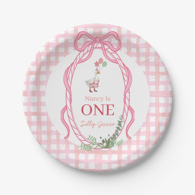 Silly Goose First Birthday Pink  Pappteller (Vorderseite)