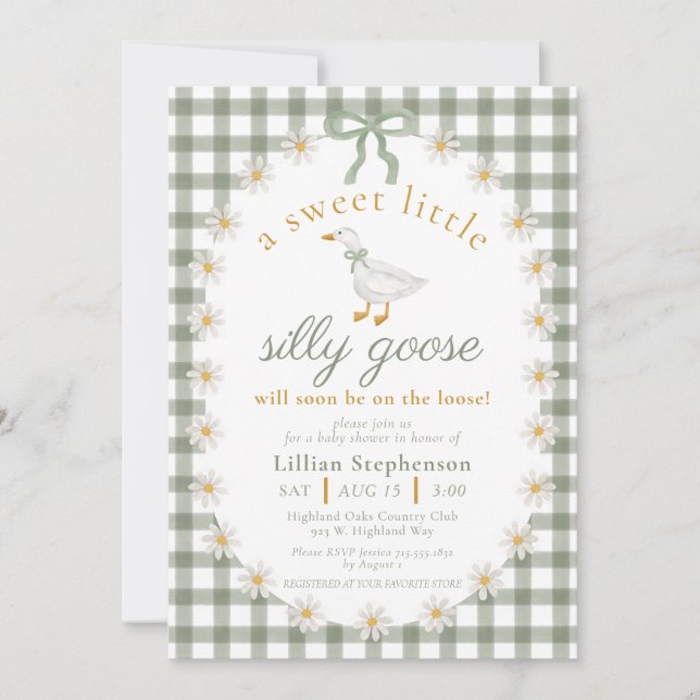 Silly Goose Green Bow Daisy Gingham Baby Shower Einladung (Vorderseite)