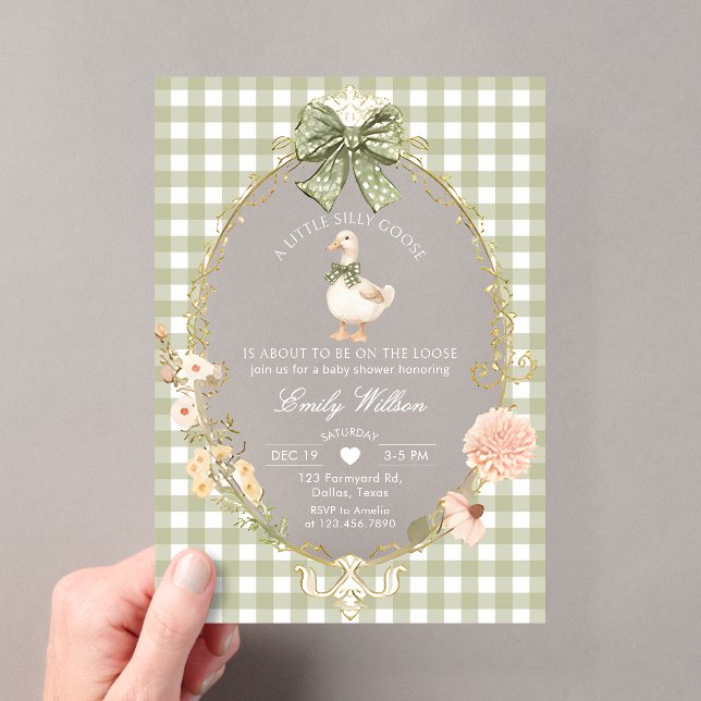 Silly Goose Green Gingham Baby Shower Acryleinladungen (Insitu (Handheld))