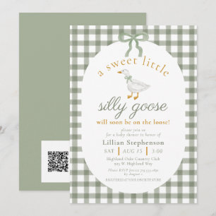 Silly Goose Green Gingham Baby Shower QR Code Einladung
