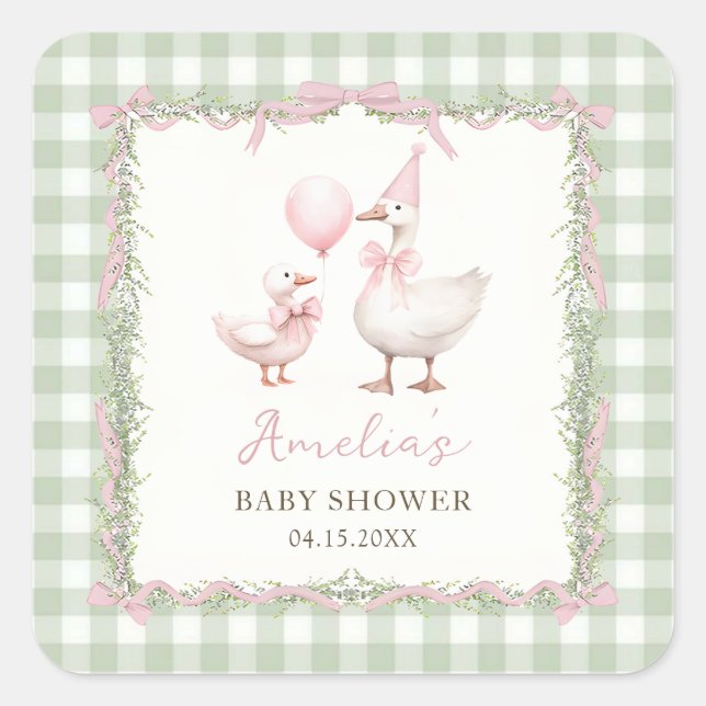 Silly Goose Green Gingham Baby Shower Sticker (Devant)