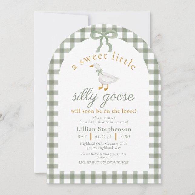 Silly Goose Green Gingham Bow Baby Shower Arch Einladung (Vorderseite)