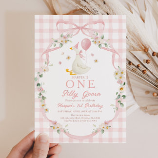 Silly Goose Invitation: 1st Birthday, Pink Floral  Einladung