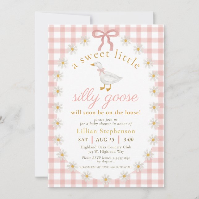 Silly Goose Pink Bow Daisy Gingham Baby Shower Einladung (Vorderseite)