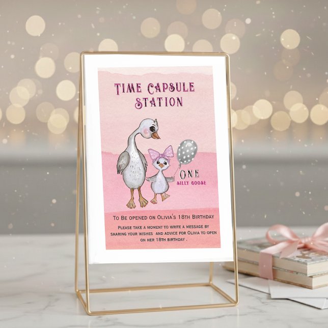 Silly Goose & Pink Bow | Time Capsule Station Sign Einladung (Silly Goose & Pink Bow | Time Capsule Station Card)