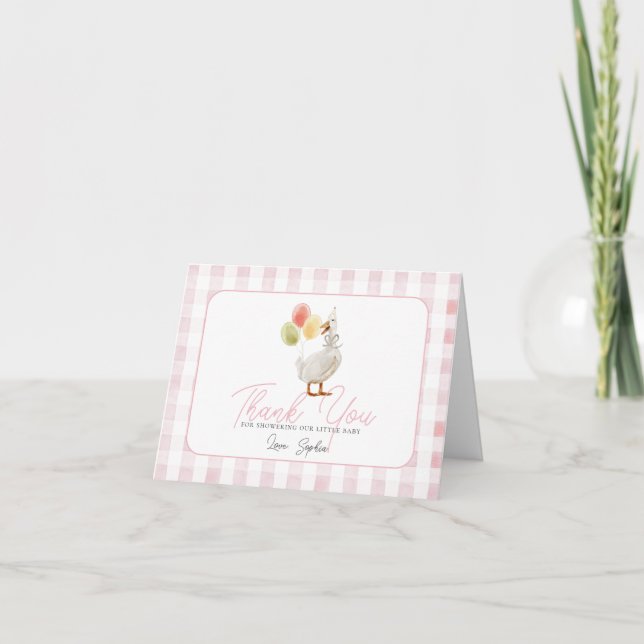Silly Goose Pink Gingham Baby Shower Dankeskarte (Vorderseite)