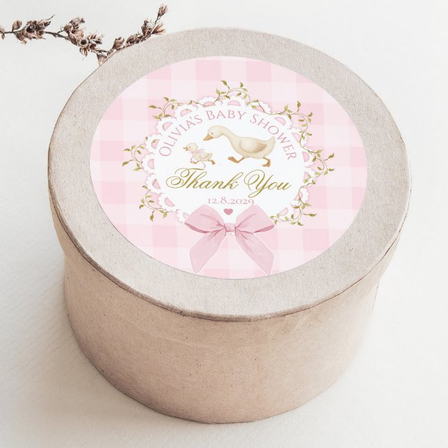 Silly Goose Pink Gingham Bow Baby Shower Thank you Runder Aufkleber (Von Creator hochgeladen)