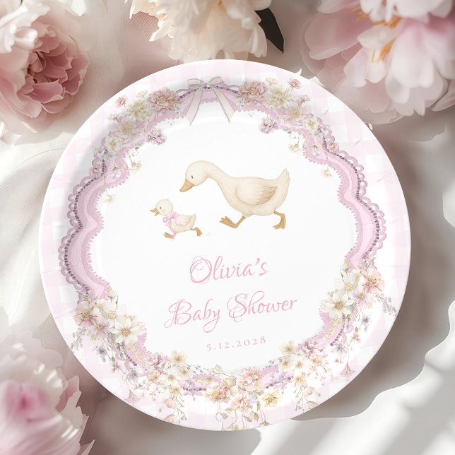 Silly Goose Pink Gingham Girl Baby Shower Pappteller (Von Creator hochgeladen)