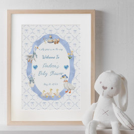 Silly Goose Whimsical Bow Baby Boy Shower Welcome Poster
