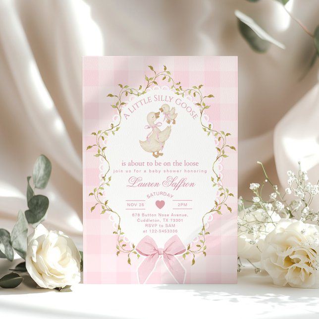 Silly Goose Whimsical Pink Bow Baby Shower Einladung (Von Creator hochgeladen)