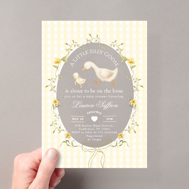 Silly Goose Yellow Gingham Baby Shower Acryleinladungen (Insitu (Handheld))