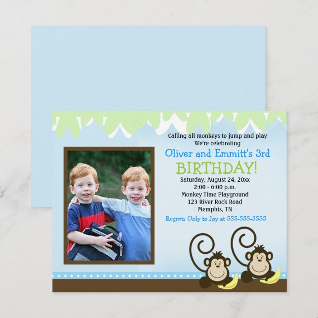 Silly Monkey Twins Photo Anniversaire Invitation (Devant / Derrière)