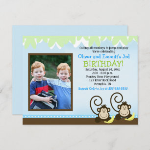 Silly Monkey Twins Photo Anniversaire Invitation