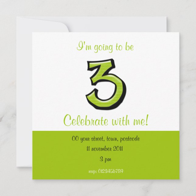 Silly Number 3 green Birthday Invitation (Devant)