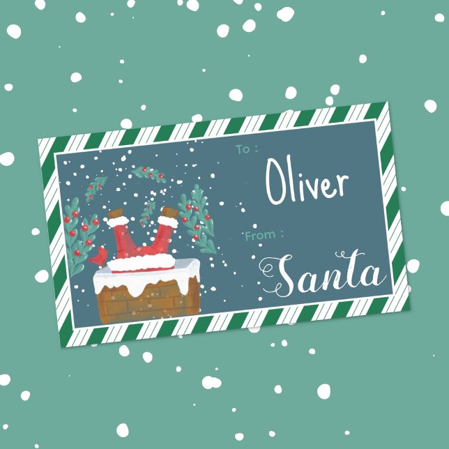 Silly Santa Blue Kid Christmas Gift Tag Sticker (Silly Santa going down the chimney kid Christmas gift tag rectangular sticker .)