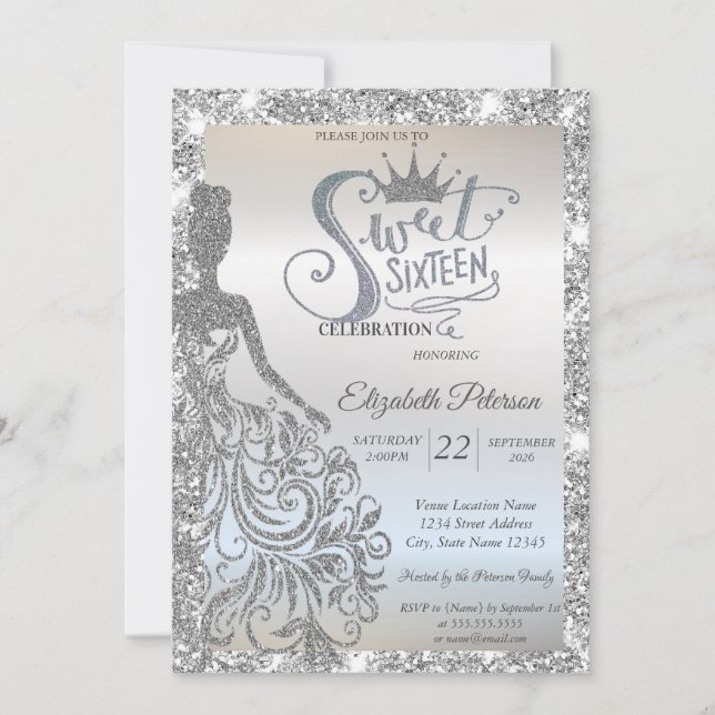 Silv Glitter Dress,Tiara Sparkle Sweet 16  Einladung (Vorderseite)