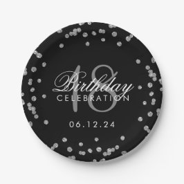 Silver 18. Geburtstag Imitat Glitzer Confetti Blac Pappteller