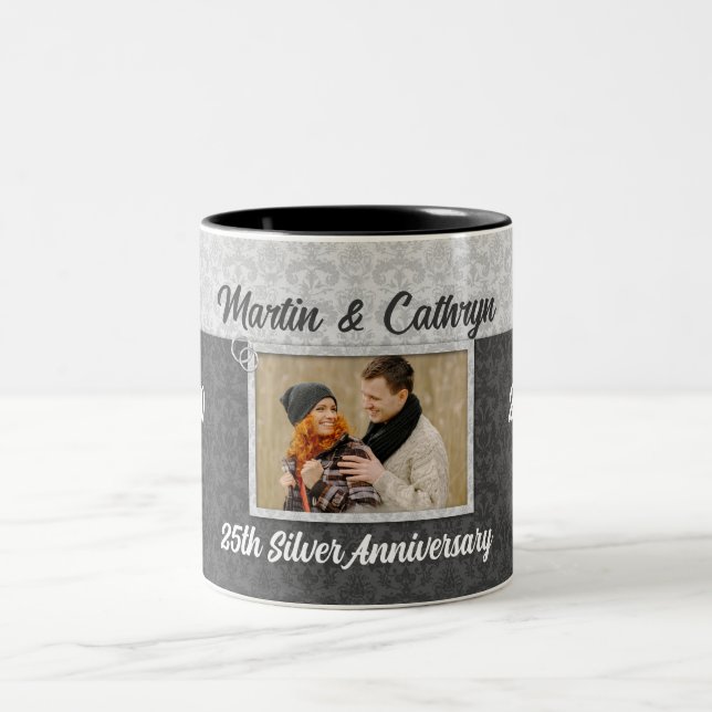 Silver 25. Wedding Anniversary Damask Foto Zweifarbige Tasse (Mittel)