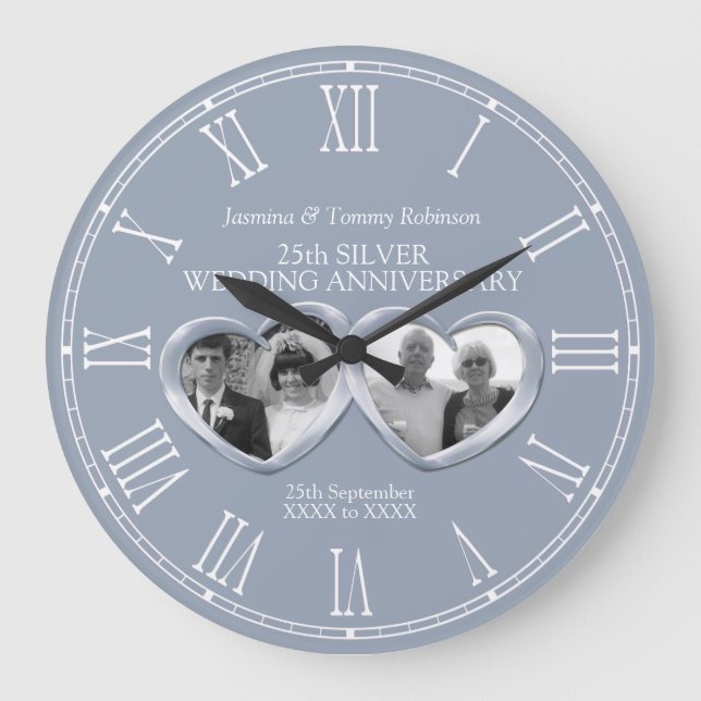 Silver 25th wedding anniversary past present photo große wanduhr (Vorderseite)