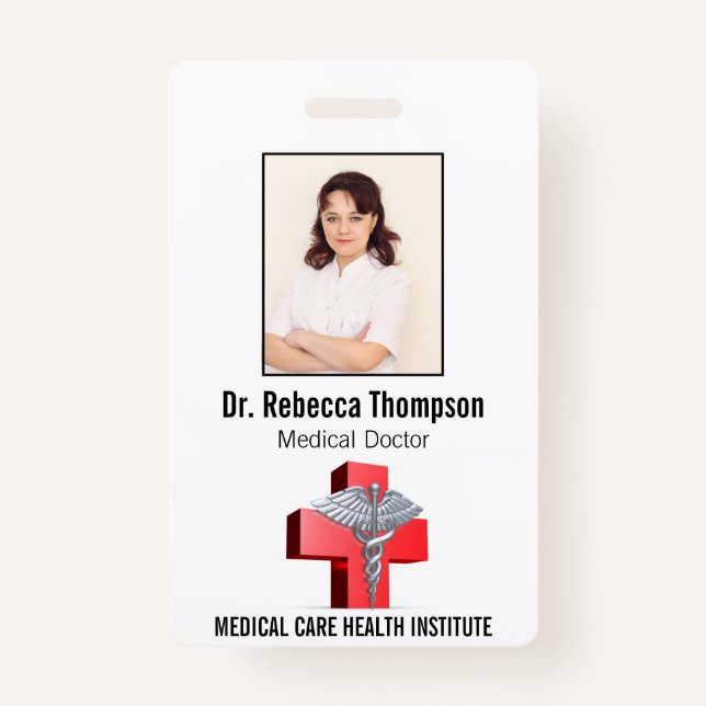 Silver 3D Caduceus Cross Red Medical Foto ID Ausweis (Vorderseite)