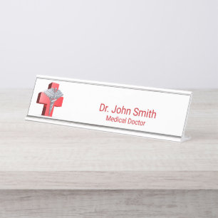 Silver 3D Caduceus Medical Cross Rot Schreibtischnamensplakette