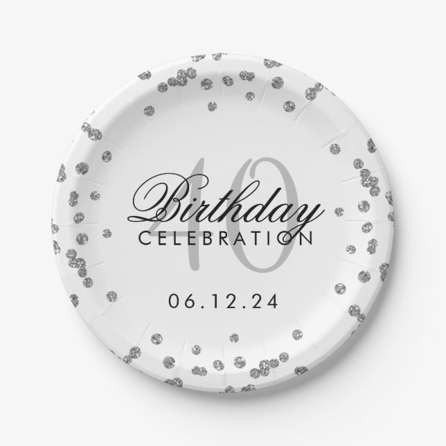 Silver 40. Geburtstag Glitzer Confetti White Pappteller (Vorderseite)