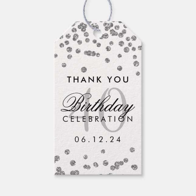 Silver 40. Geburtstag Vielen Dank, Glitzer Confett Geschenkanhänger (Vorderseite)