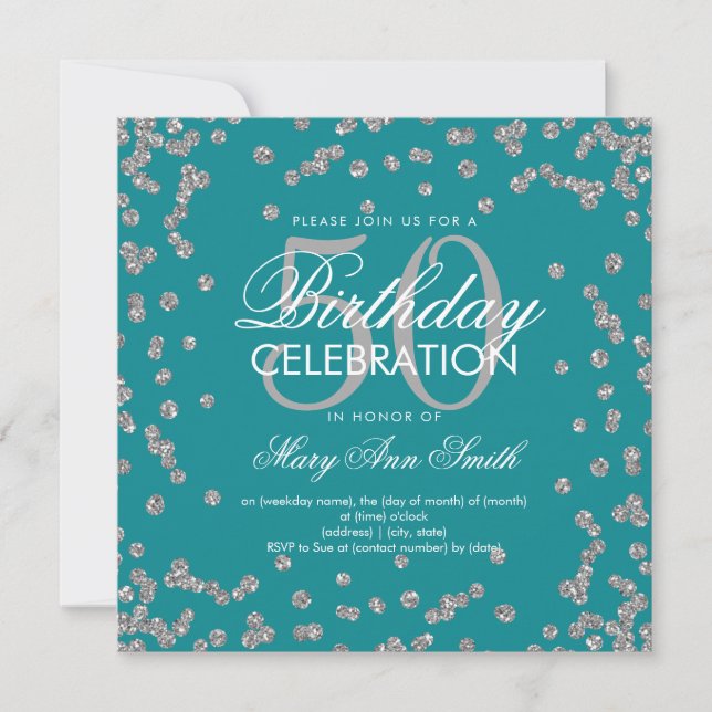 Silver 50. Geburtstag Glitzer Confetti Aquamarin Einladung (Vorderseite)