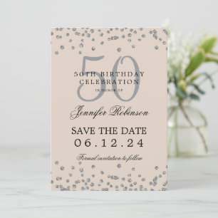 Silver 50 Geburtstag Rett Date Confetti Champagne Einladung