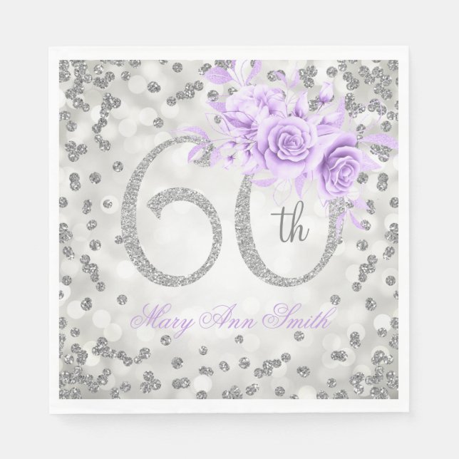 Silver 60. Geburtstag Blumenlampe Lila Serviette (Vorderseite)