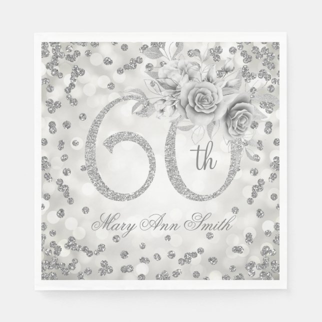 Silver 60. Geburtstag Blumenlampen Serviette (Vorderseite)