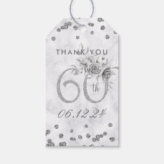 Silver 60. Geburtstag Danke Glam Marble Geschenkanhänger (Vorderseite)