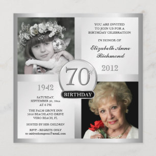 Silver 70. Geburtstag Einladungen Dann & Jetzt Fot