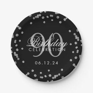 Silver 90. Geburtstag Glitzer Confetti Black Pappteller