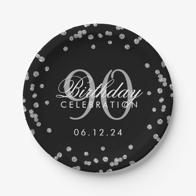 Silver 90. Geburtstag Glitzer Confetti Black Pappteller (Vorderseite)