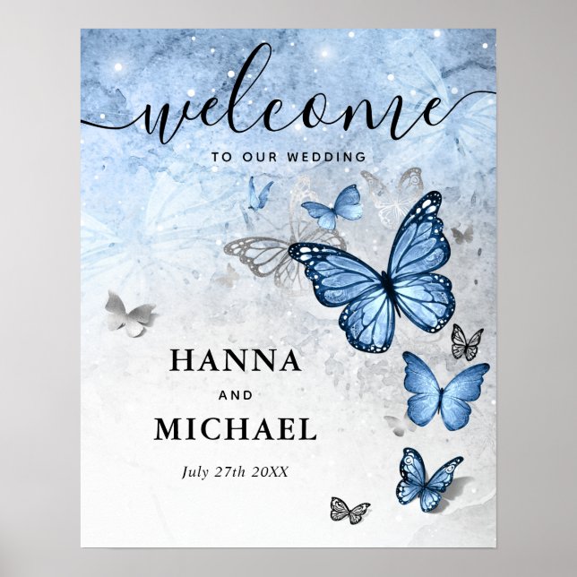 Silver and Baby Blue Butterfly Begrüßung Poster (Vorne)