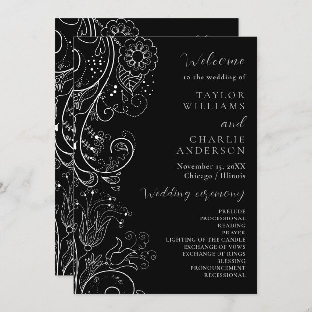 Silver and Black Elegane Floral Wedding Program Programm (Vorne/Hinten)