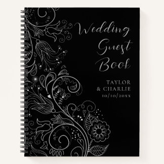 Silver and Black Elegant Floral Wedding Gästebuch Notizbuch