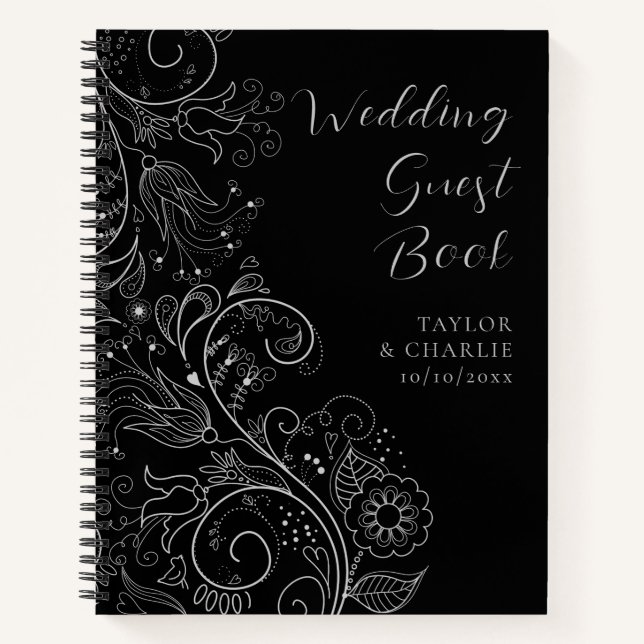 Silver and Black Elegant Floral Wedding Gästebuch Notizbuch (Vorderseite)