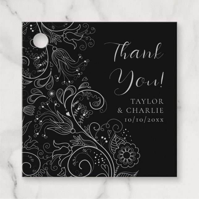 Silver and Black Elegant Floral Wedding Vielen Dan Geschenkanhänger (Vorderseite)