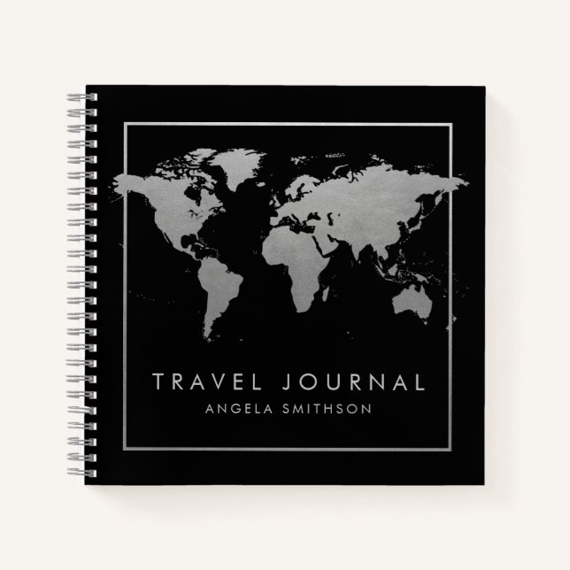Silver and Black World Map Travel Journal Notizbuch (Vorderseite)