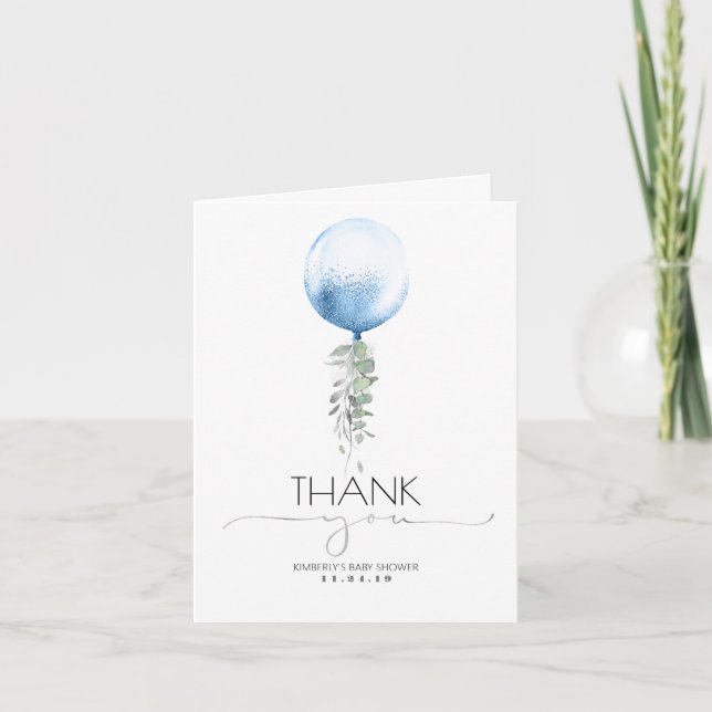 Silver and Blue Balloon Baby Dusche Vielen Dank Dankeskarte (Vorderseite)