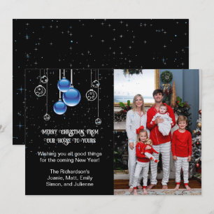 Silver and Blue Christmas Ornaments Sparkle Foto Feiertagskarte