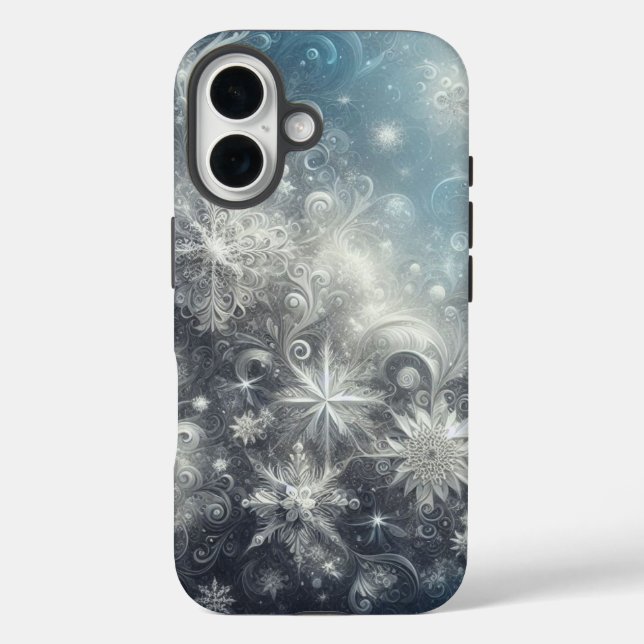 Silver and Blue Snowflake Winter iPhone 16 Hülle (Rückseite)